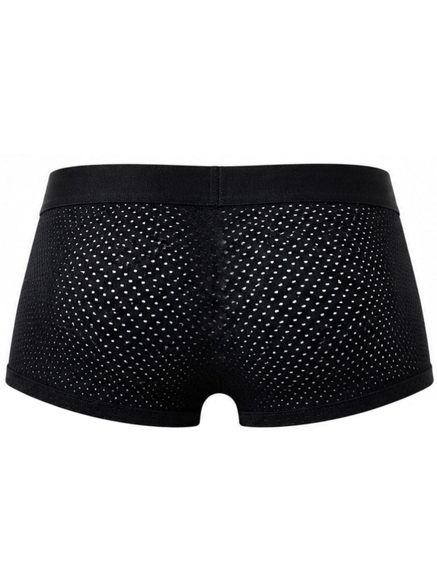 Clever Moda black Ulises trunks with mesh fabric and a wide waistband, shown from the back.