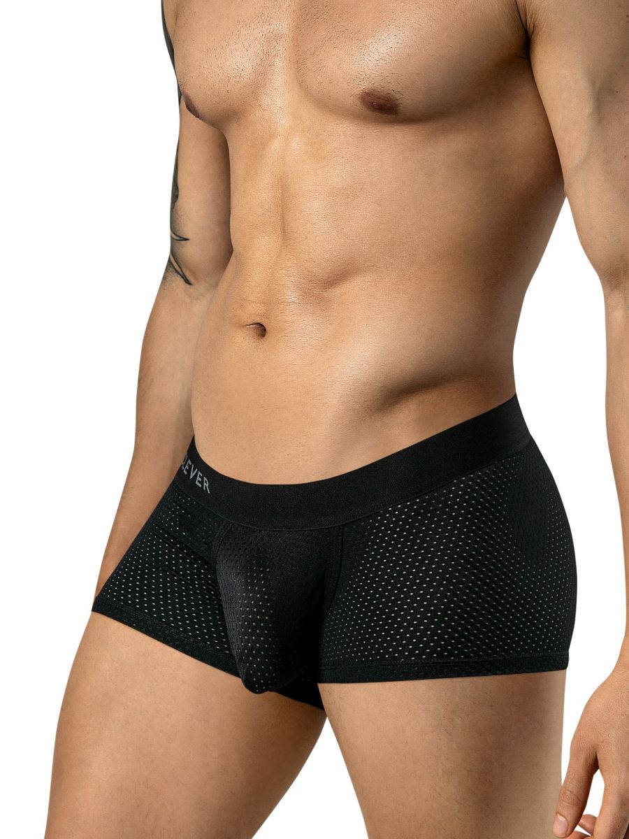Clever Moda 26184 Ulises black mesh trunks with contoured pouch and branded waistband.