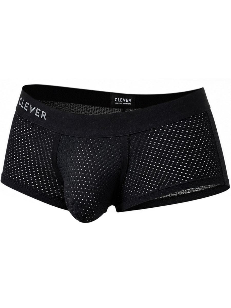 Clever Moda black mesh Ulises trunks with supportive contour pouch and logo waistband.