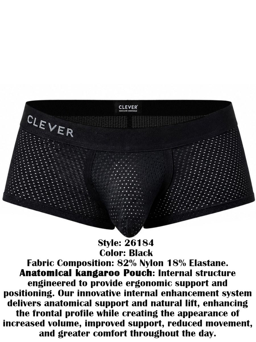 Black Clever Mod 26184 Ulises trunks with mesh fabric, supportive pouch, and branded waistband.