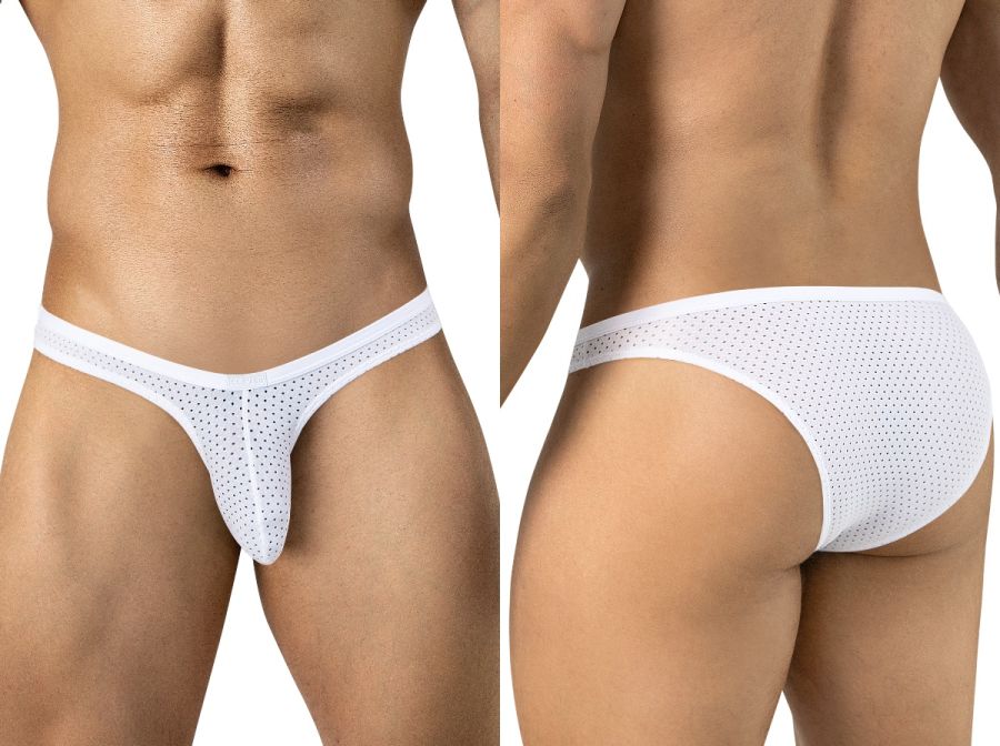Clever Moda white Ulises micro-briefs in perforated mesh fabric with a slim waistband.
