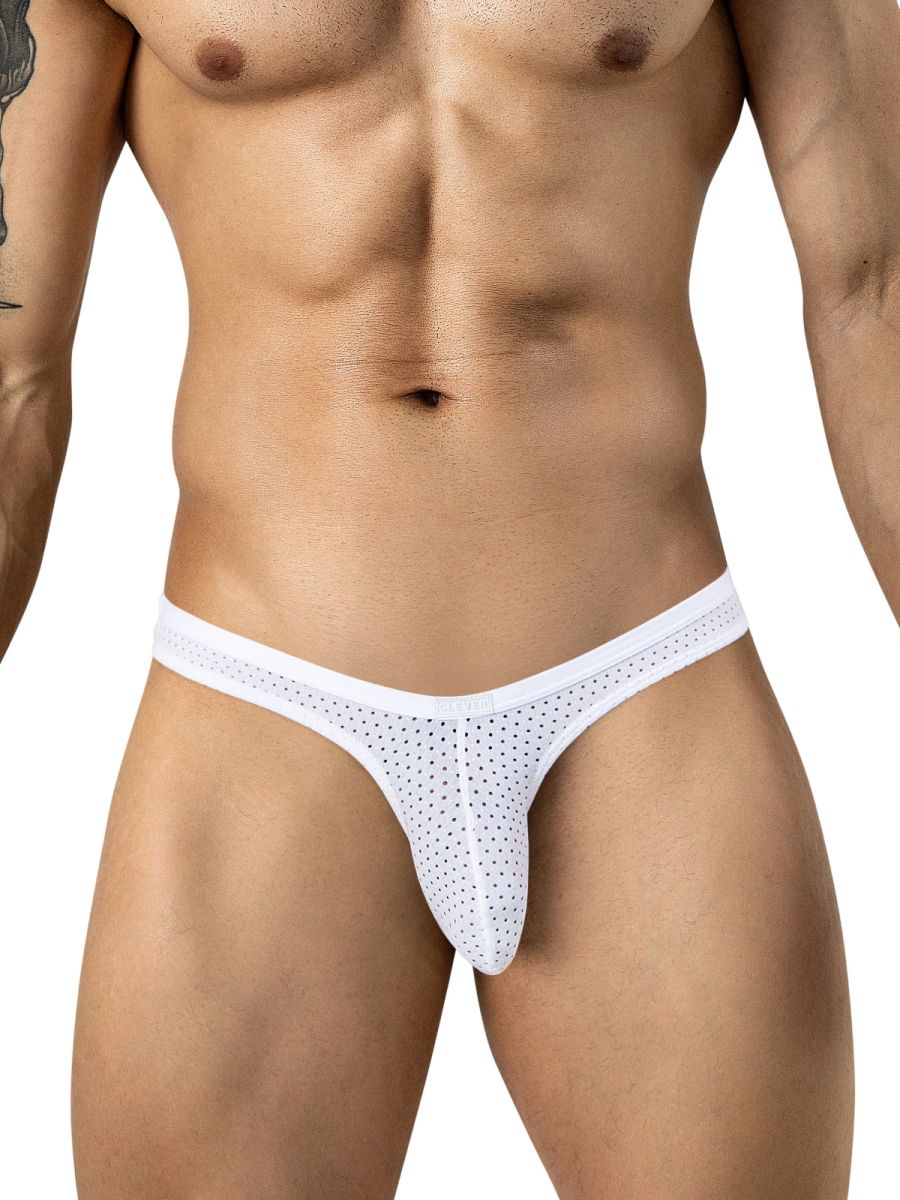 Clever Moda white mesh brief underwear with minimal coverage and a low-rise waistband.