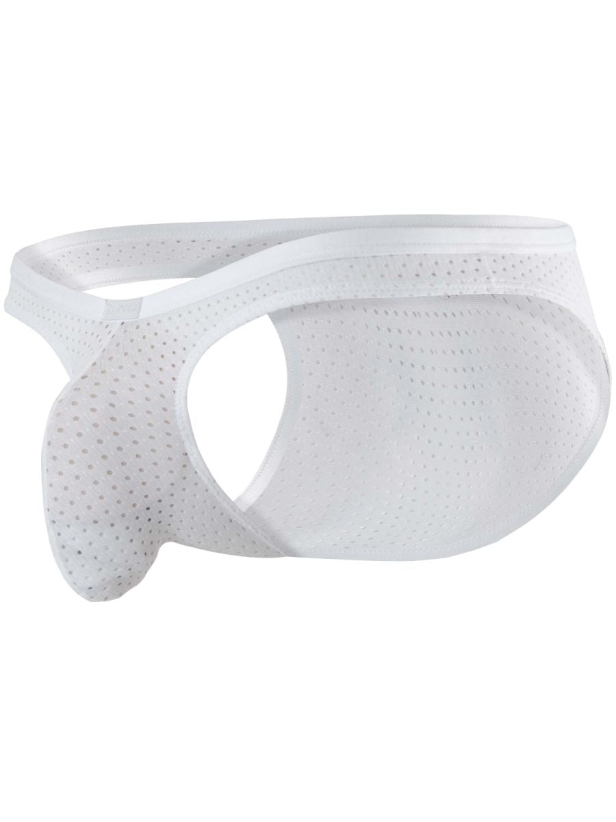 Clever Moda white Ulises briefs in perforated mesh fabric with a supportive contour pouch and low-rise waistband.