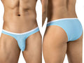Clever Moda light blue mesh brief men's underwear with white trim waistband, shown front and back.