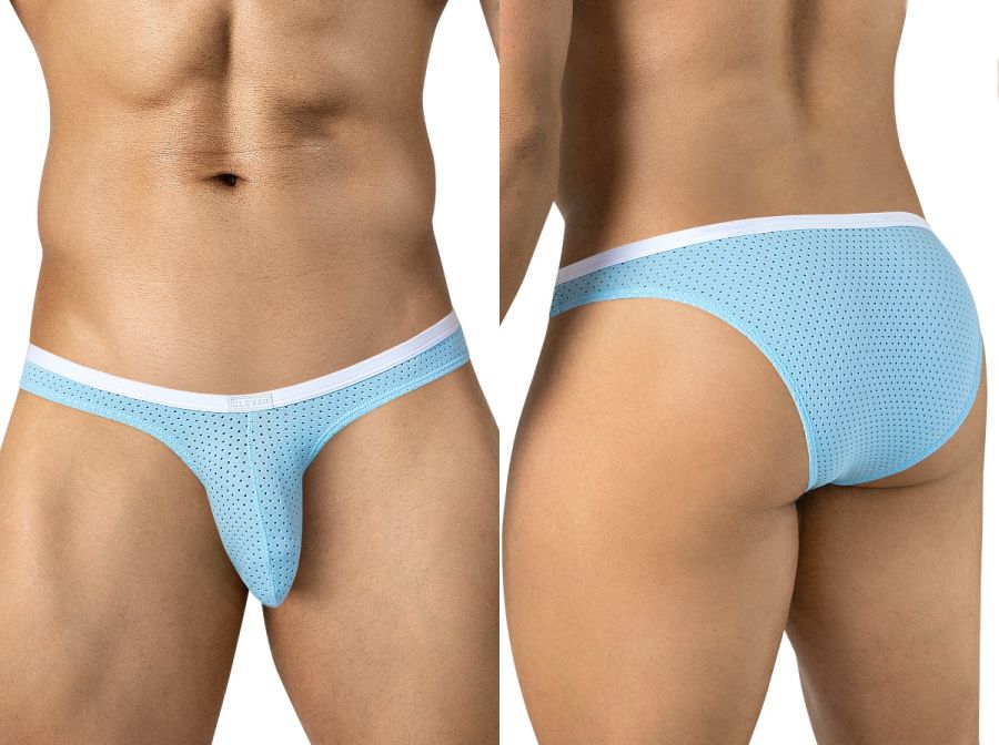 Clever Moda light blue mesh brief men's underwear with white trim waistband, shown front and back.
