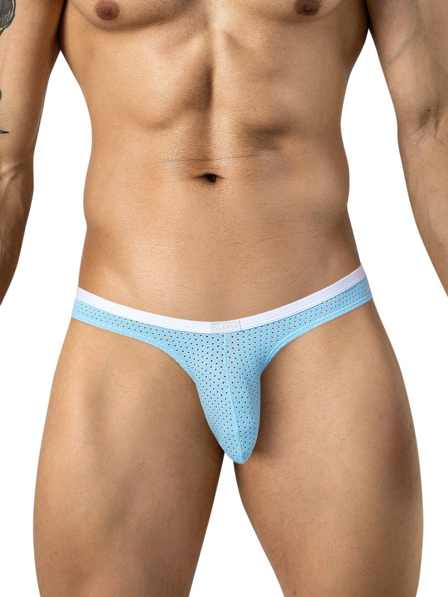 Clever Moda Ulises light blue mesh briefs with a contrasting white waistband.