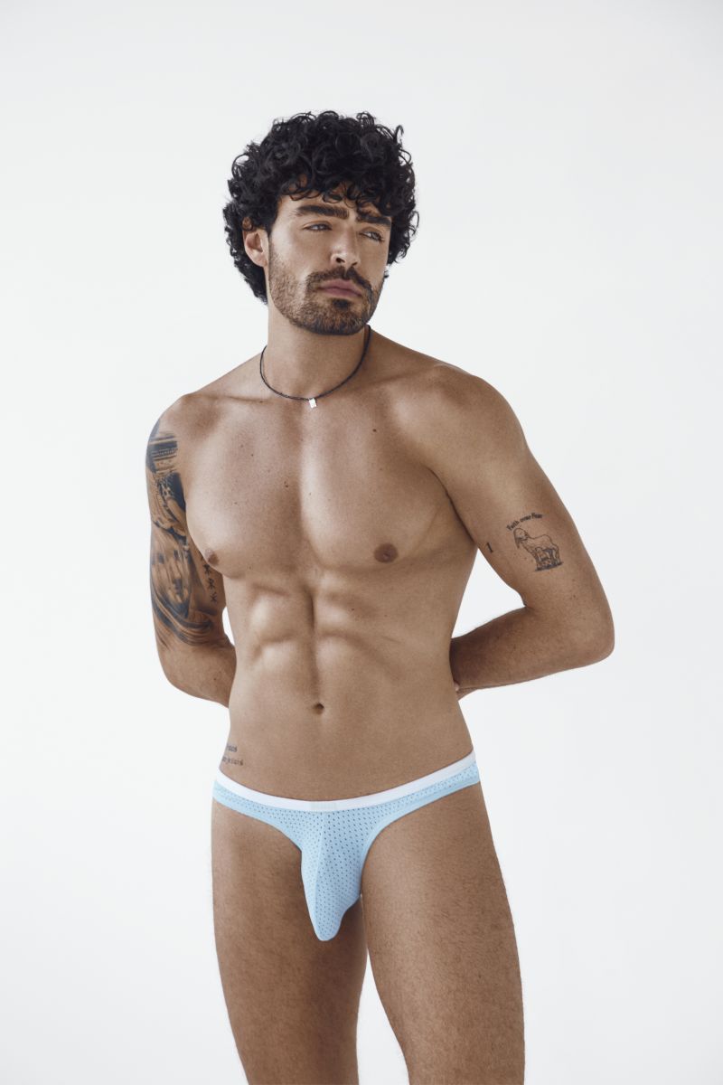 Clever Moda light blue Ulises briefs for men featuring perforated mesh fabric and a contrasting white waistband.