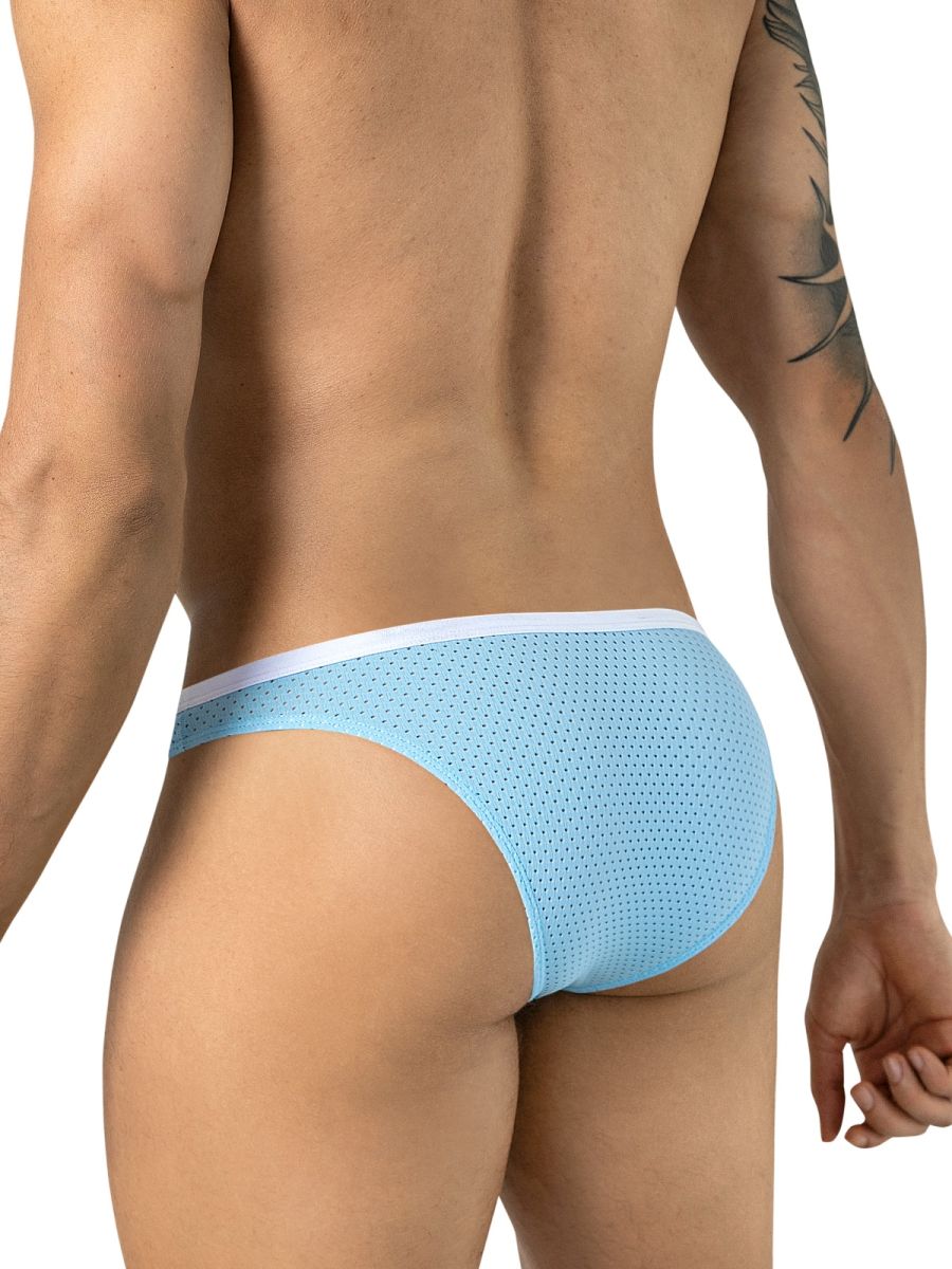 Light blue mesh men's briefs featuring a contrasting white waistband, shown from the back.