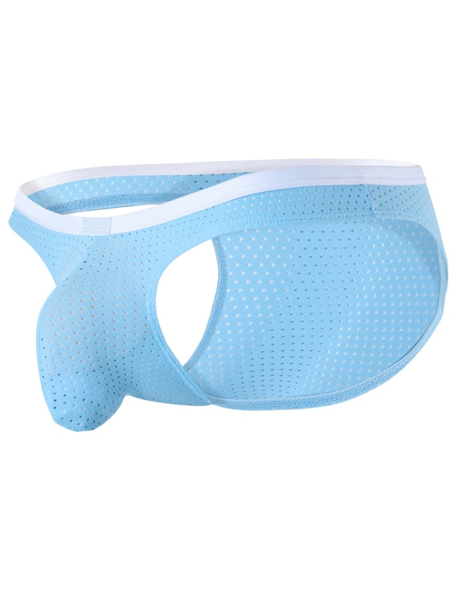 Light blue Clever Moda Ulises mesh briefs with a white contrast waistband and an open-front pouch style.