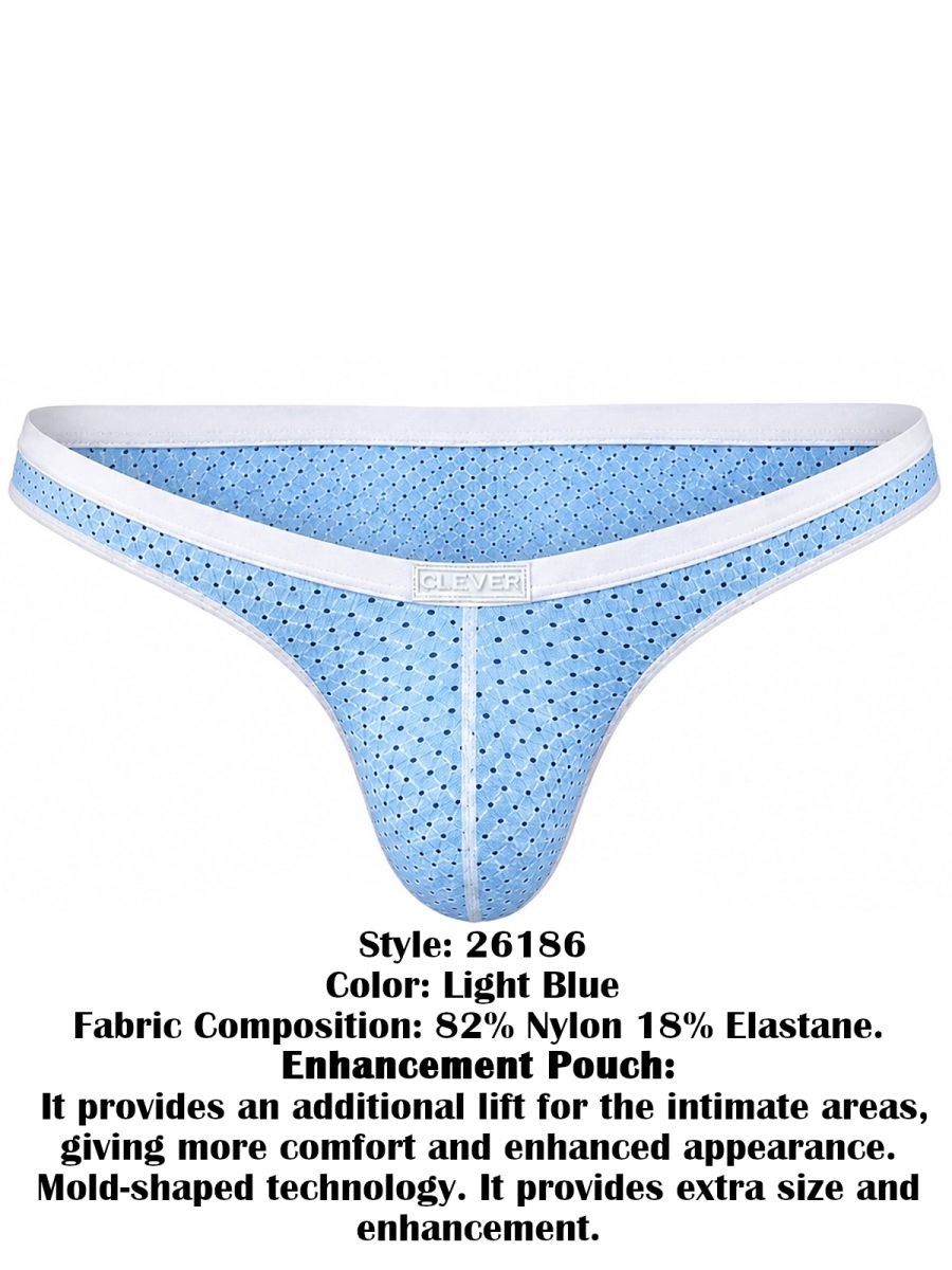 Clever Moda light blue Ulises briefs with white trim, dotted mesh fabric, and a branded center waistband label.