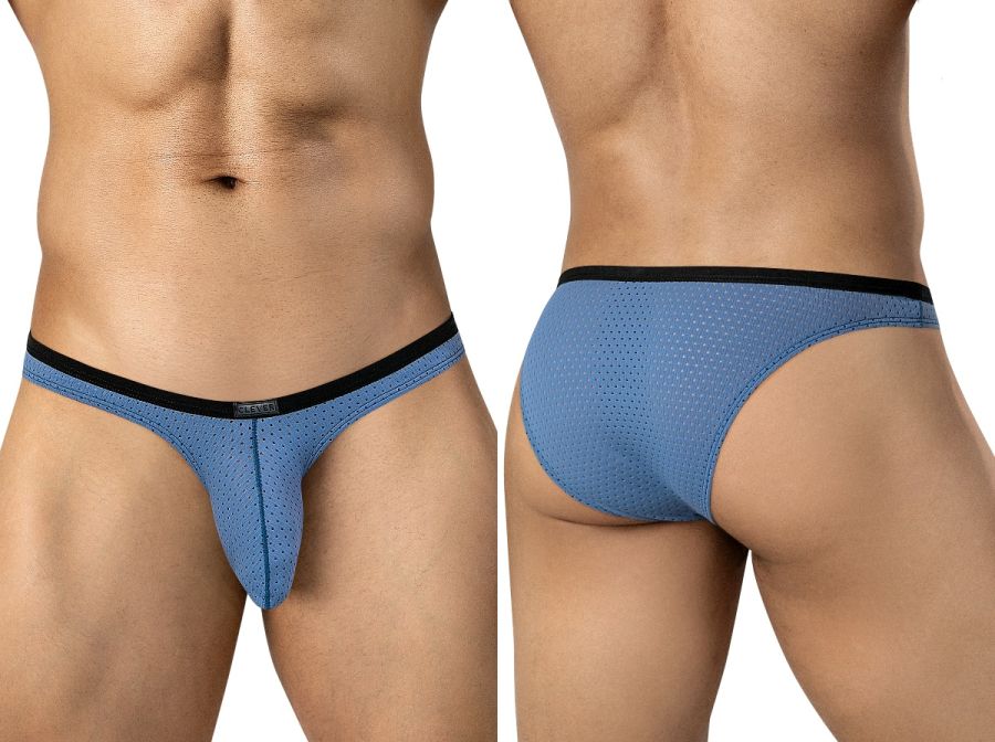 Clever Moda steel blue ergonomic briefs with mesh fabric, high-cut legs, and contrasting black waistband.