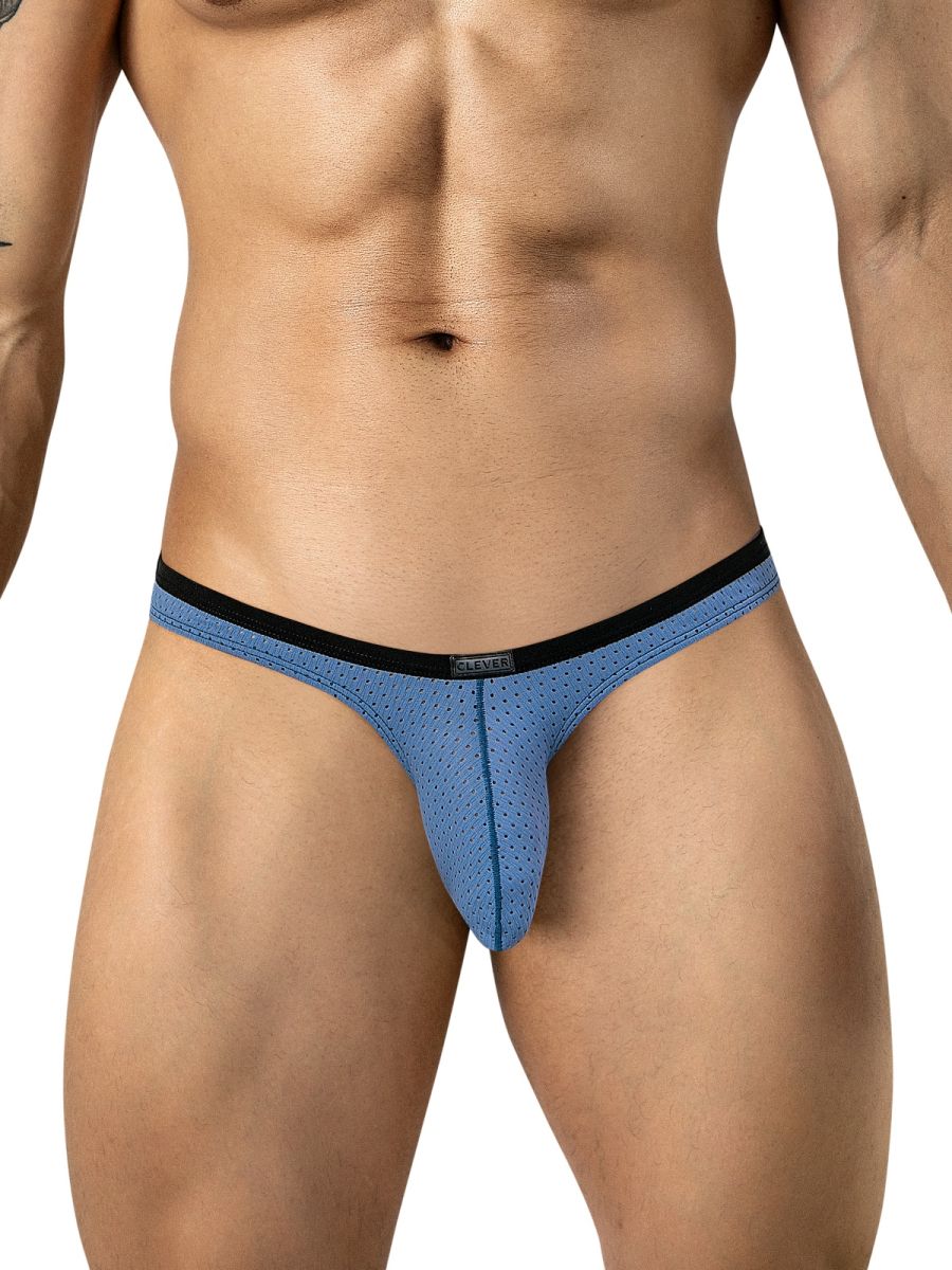 Steel blue ergonomic men's brief with perforated mesh fabric and black waistband featuring center logo tab.
