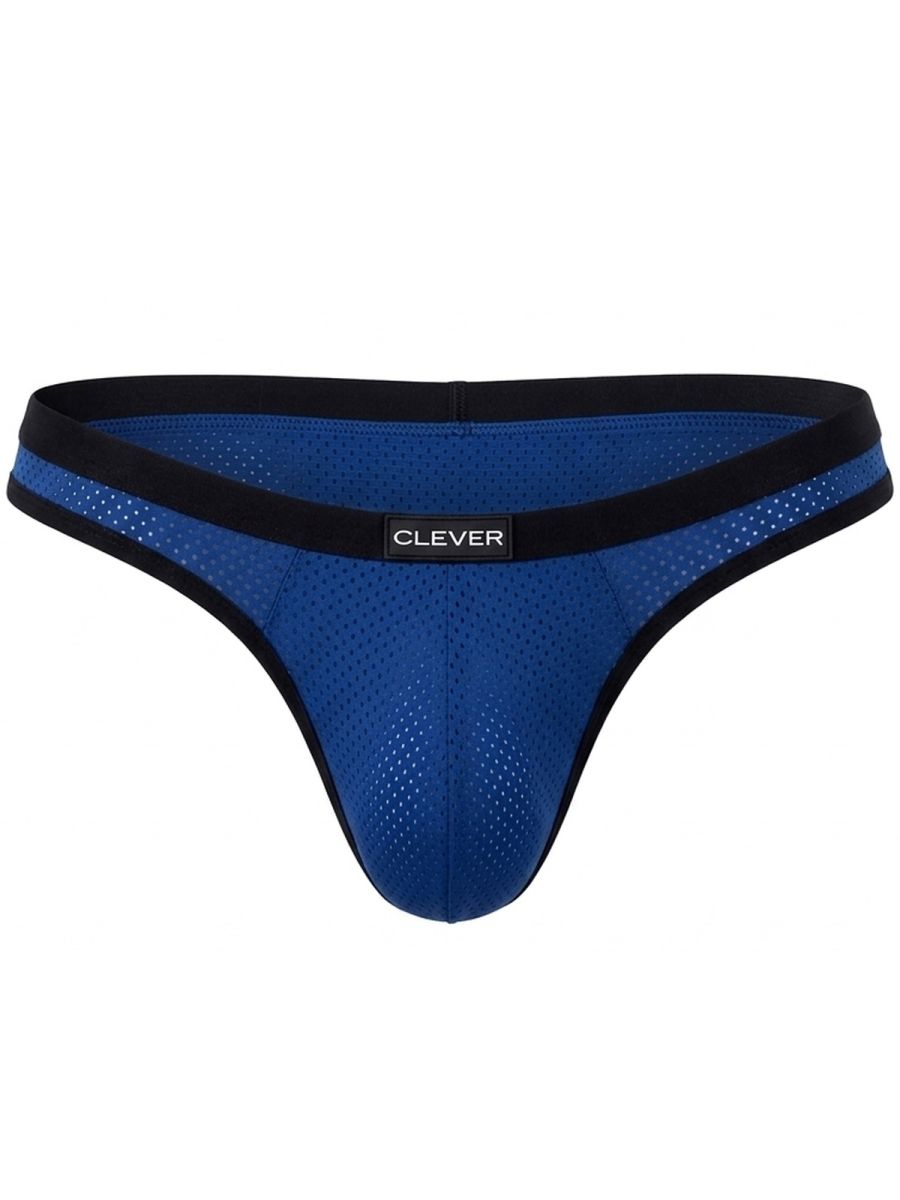 Clever Moda steel blue ergonomic briefs with mesh fabric, black waistband, and front logo patch.