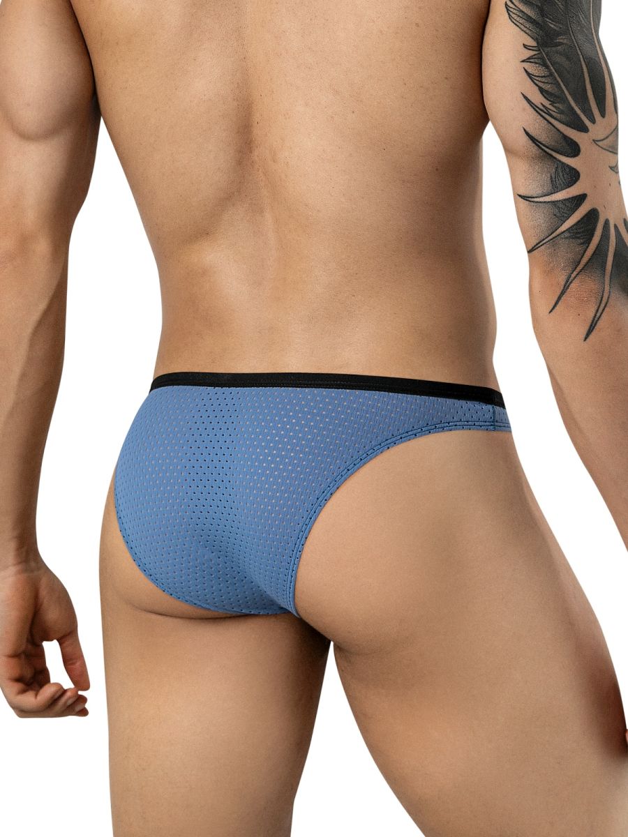 Clever Moda steel blue ergonomic mesh briefs for men with a contrasting black waistband, shown from the rear.