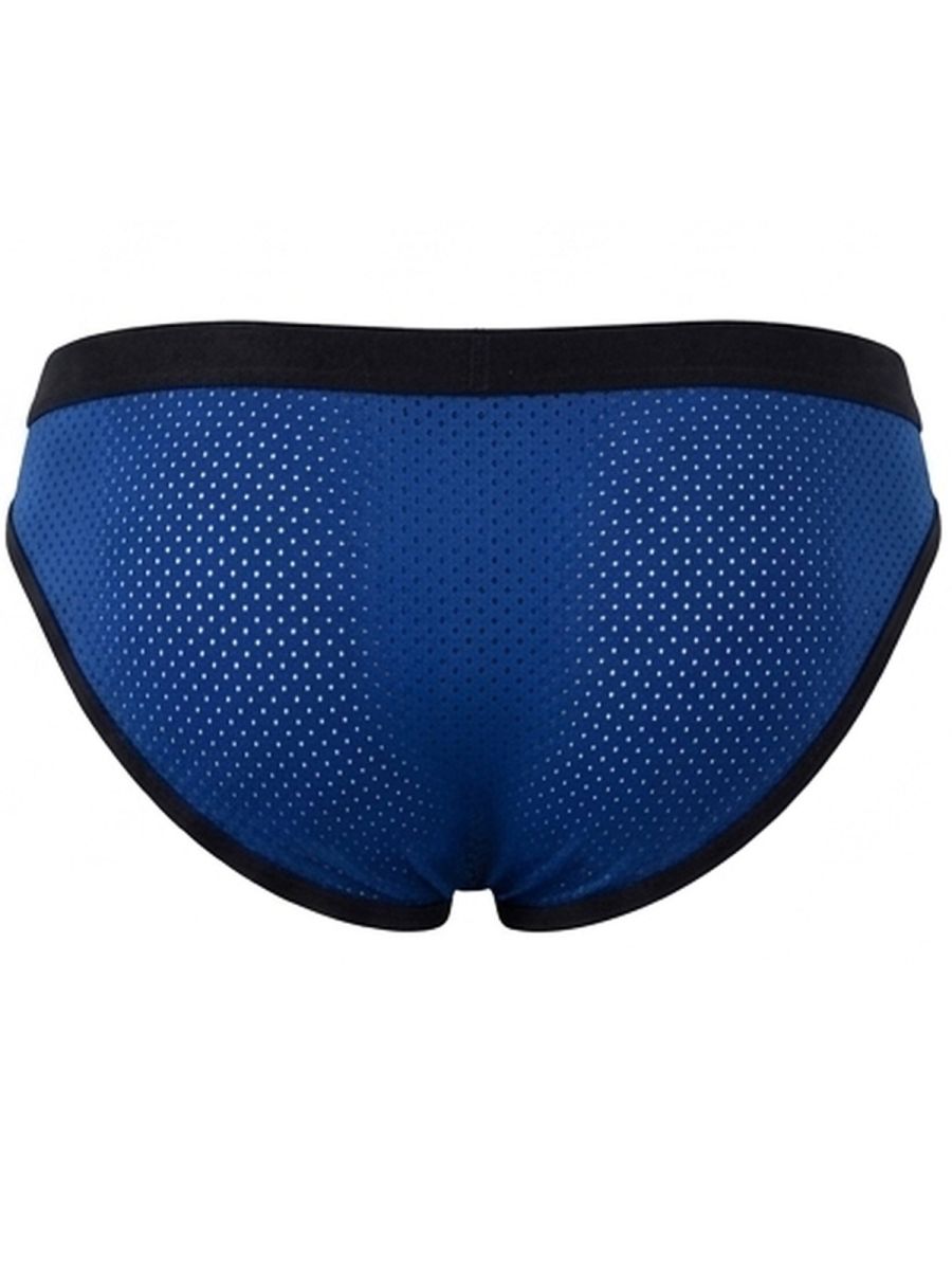 Clever Moda steel blue ergonomic briefs with a black waistband, black trim, and a breathable mesh fabric back.