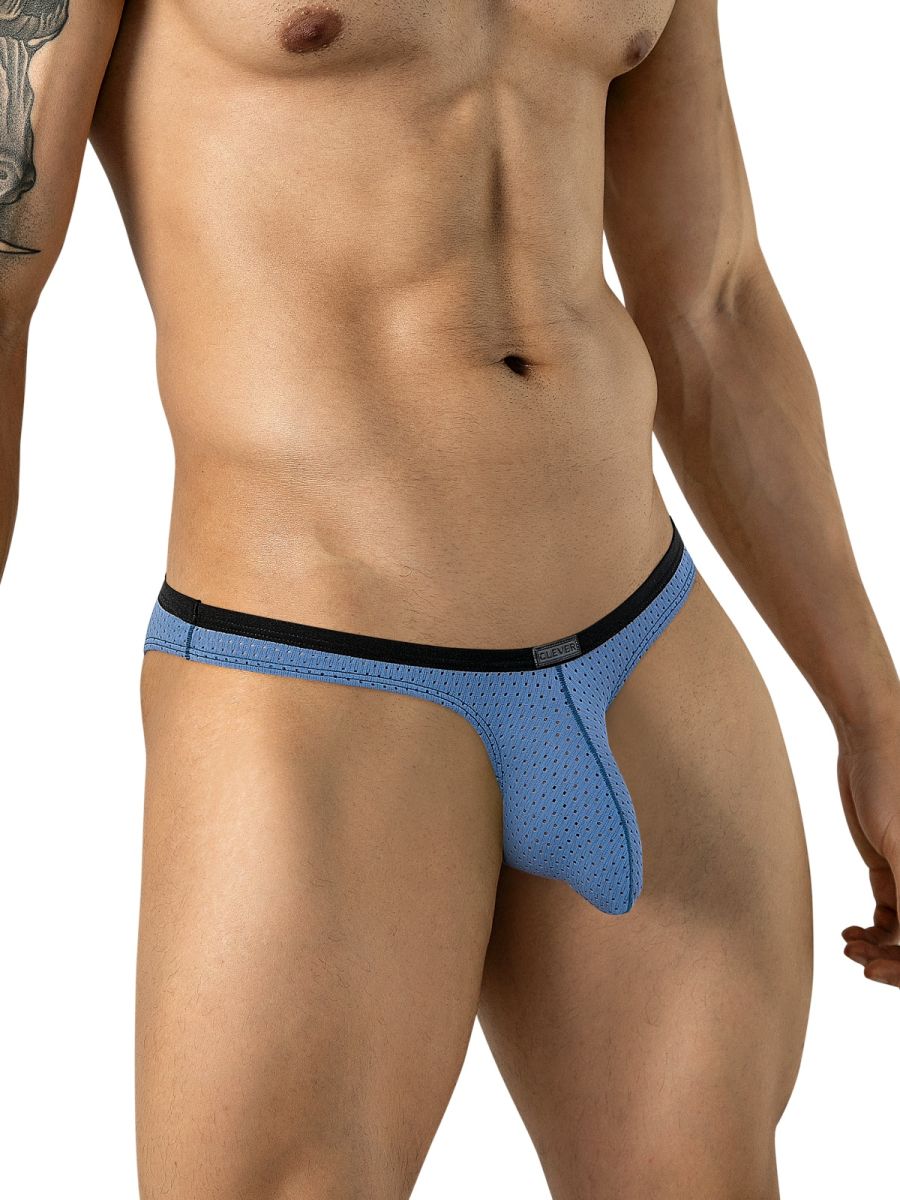 Clever Moda steel blue ergonomic mesh briefs featuring a low-rise fit, contoured pouch, and black waistband.