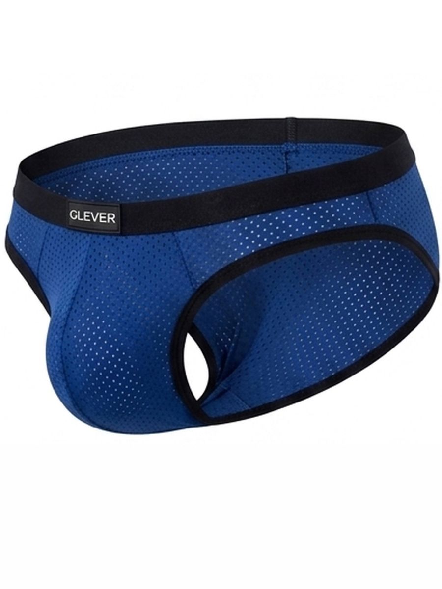Clever Moda steel blue ergonomic mesh briefs featuring a black contrast waistband with logo patch.