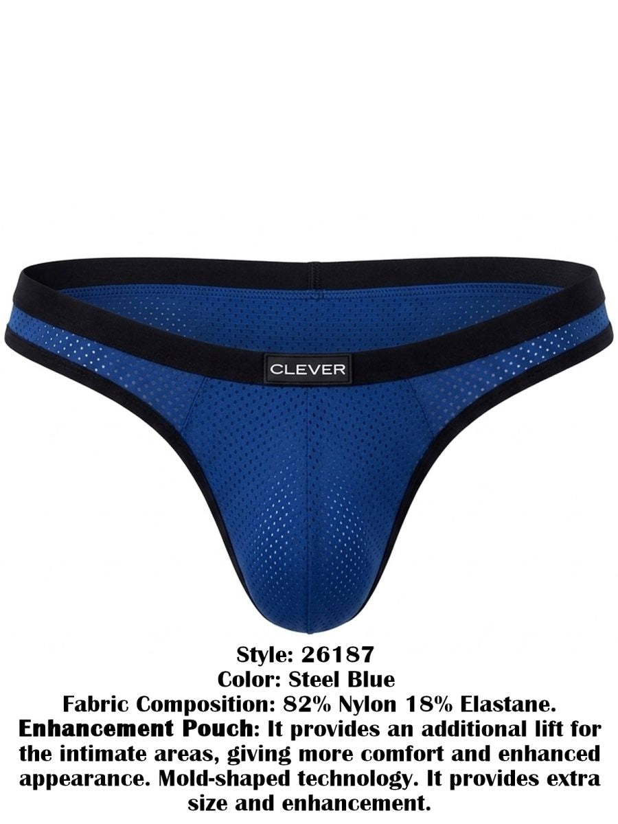 Clever Moda steel blue ergonomic briefs with mesh fabric, black trim, and a branded waistband.