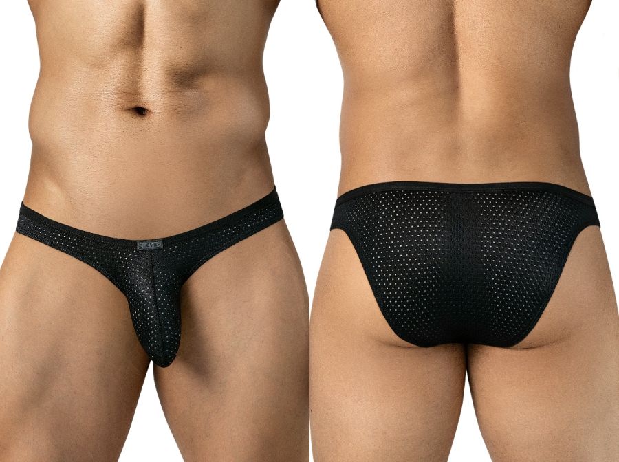 Clever Moda black Ulises briefs in perforated mesh with low-rise thin sides and a small front logo tag.