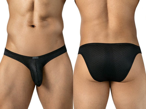 Clever Moda black Ulises briefs in perforated mesh with low-rise thin sides and a small front logo tag.