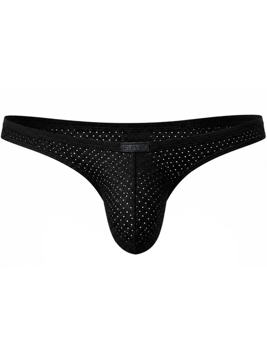 Clever Moda black Ulises briefs in perforated mesh fabric with a centered logo patch on the waistband.