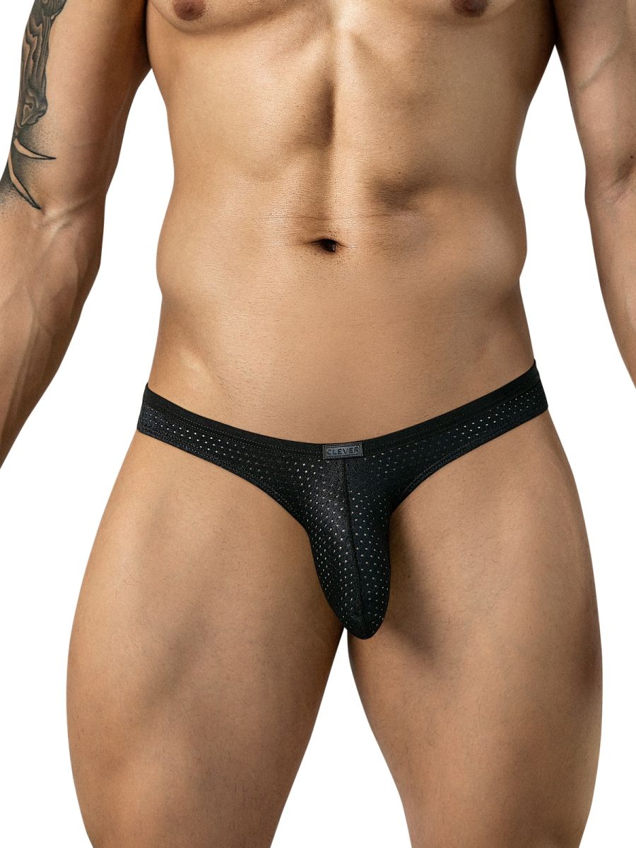 Clever Moda black Ulises briefs in breathable mesh featuring a low-rise fit and center logo patch.