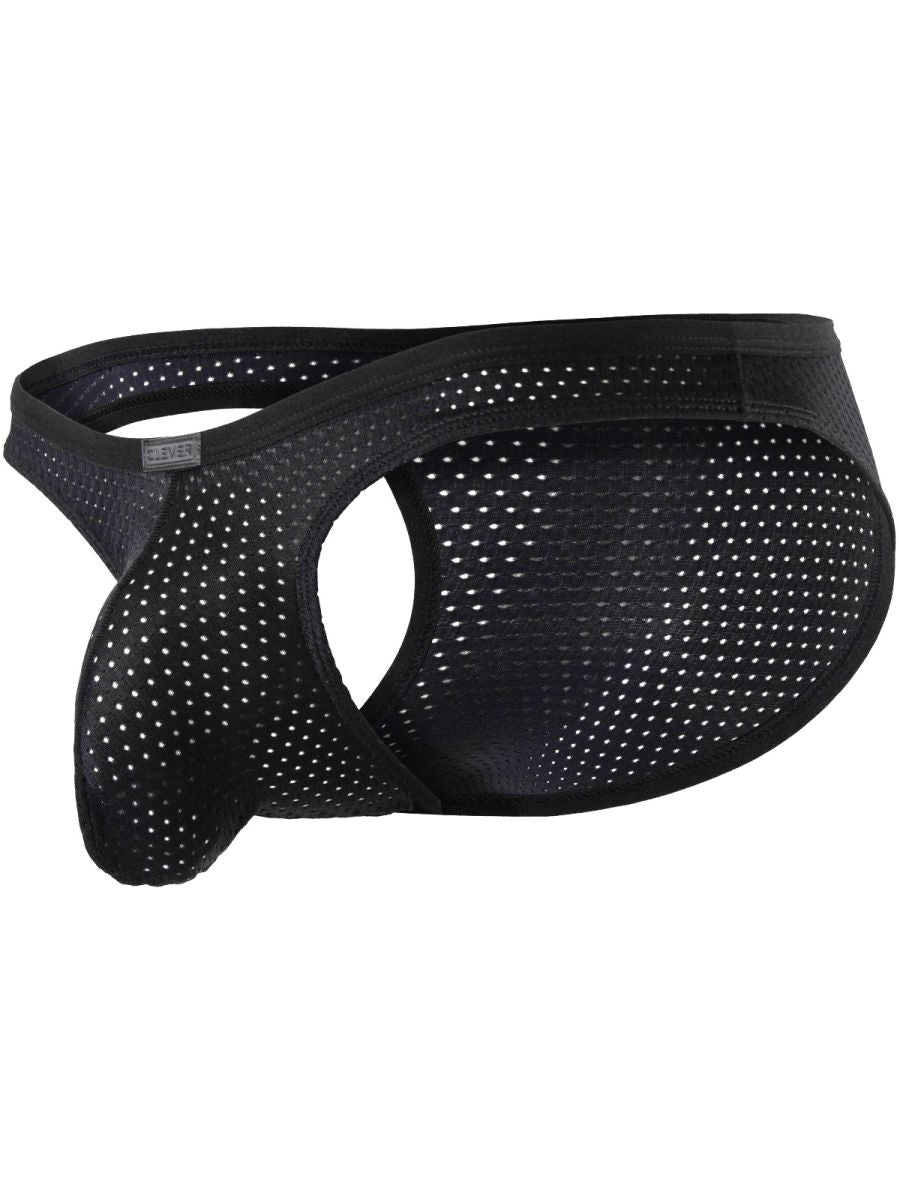 Clever Moda black Ulises briefs in perforated mesh with an open-cut design and supportive front pouch.