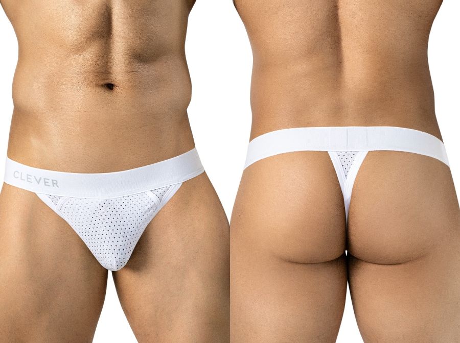 Clever Moda white mesh thong featuring a wide branded waistband and minimal rear coverage.