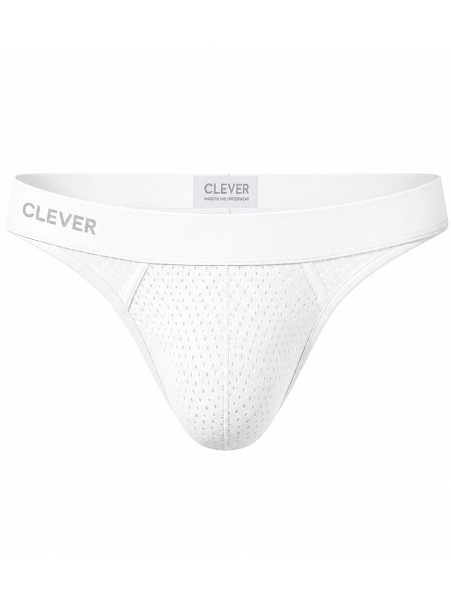 Clever Moda white Ulises thong with mesh fabric and logo-printed elastic waistband.
