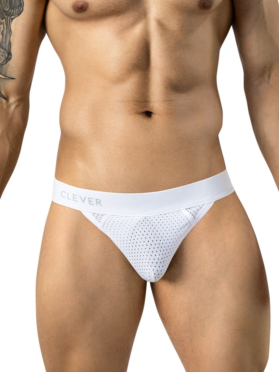 Clever Moda white Ulises thong with mesh fabric and logo waistband.