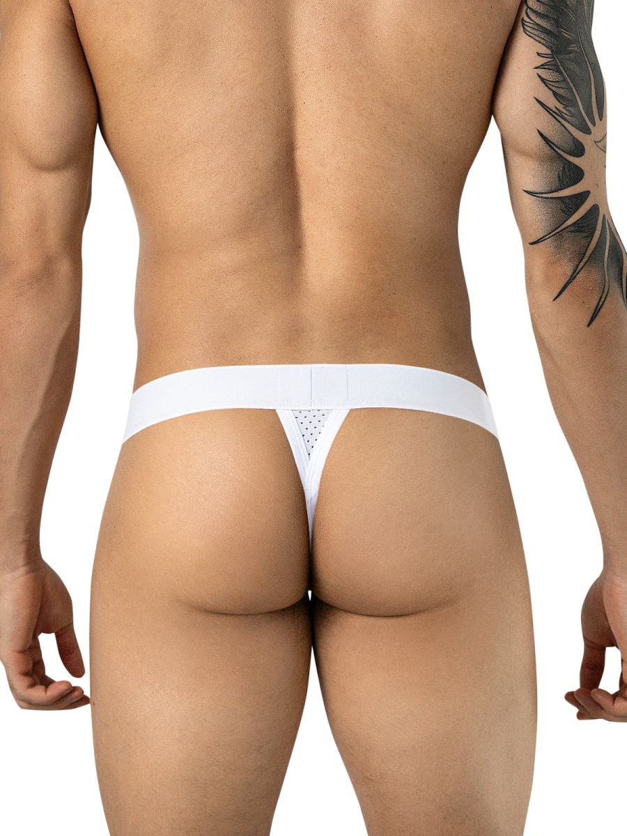 Clever Moda white Ulises thong for men featuring a wide waistband and perforated mesh back panel.