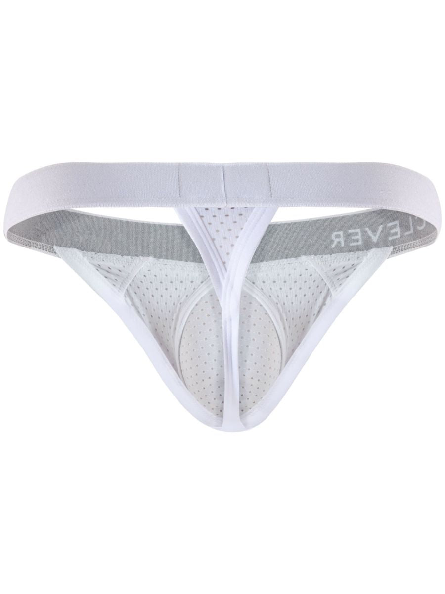 White Clever Moda Ulises thong with breathable mesh fabric, contour pouch, and wide branded waistband.