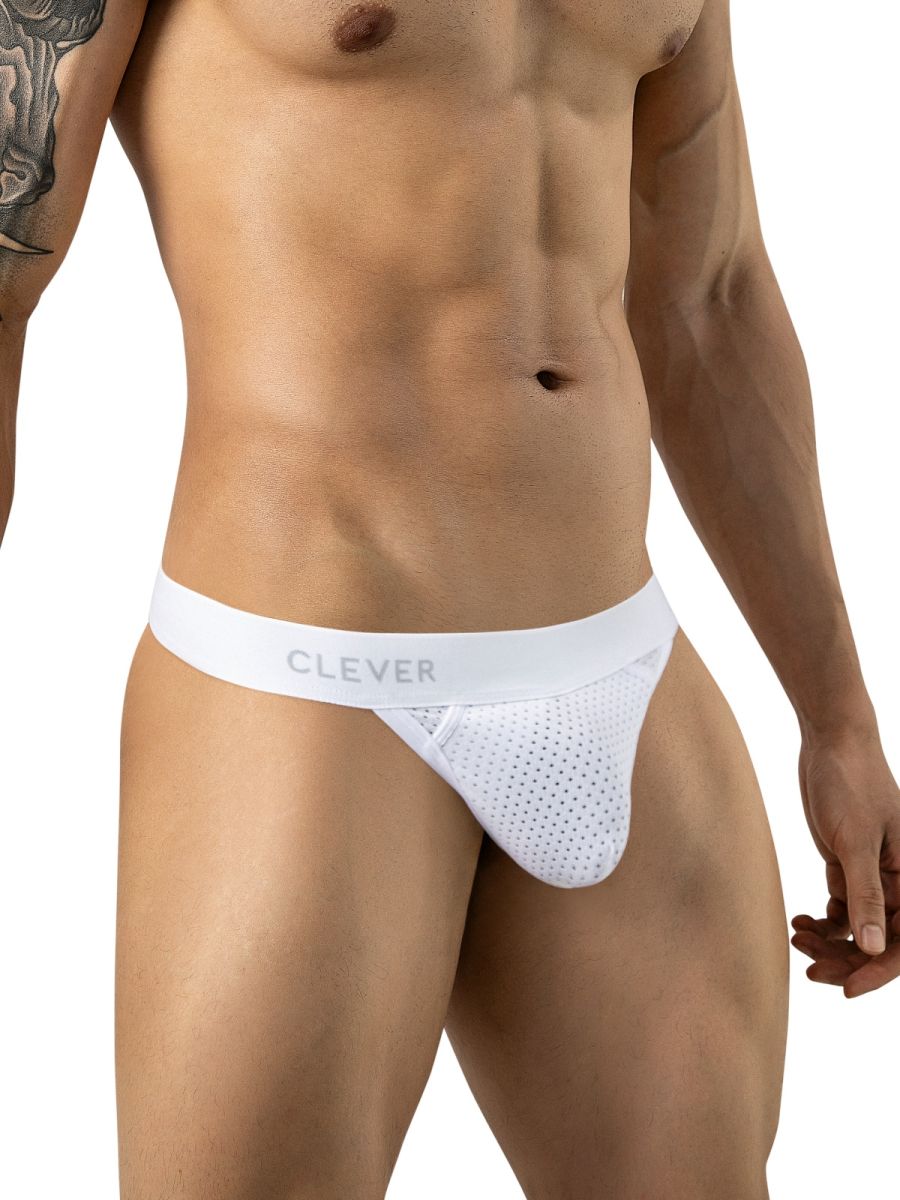 Clever Moda white mesh thong with wide branded waistband and supportive contour pouch on a male model.