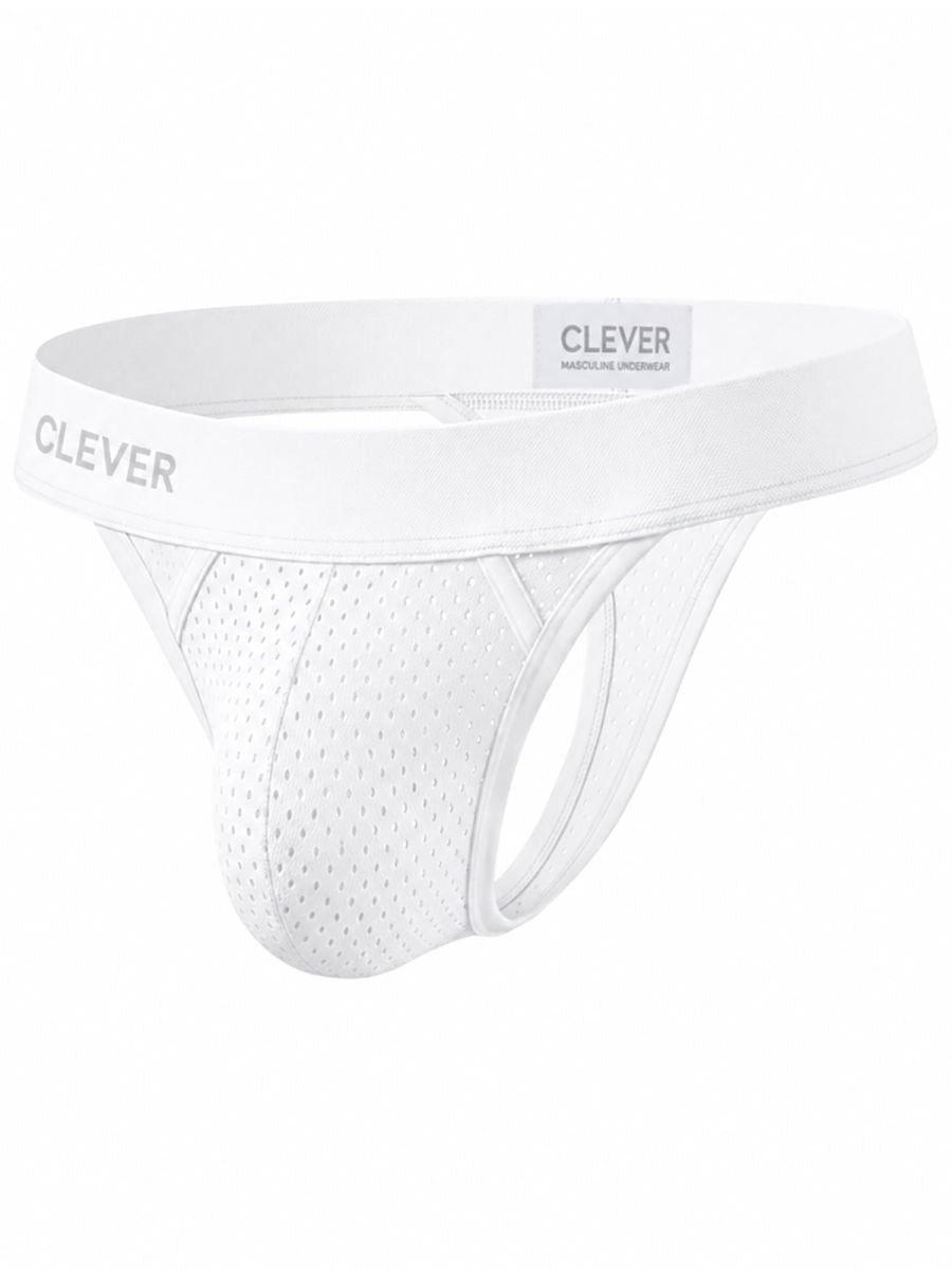 Clever white men's thong in breathable mesh fabric with a wide branded waistband and supportive contour pouch.