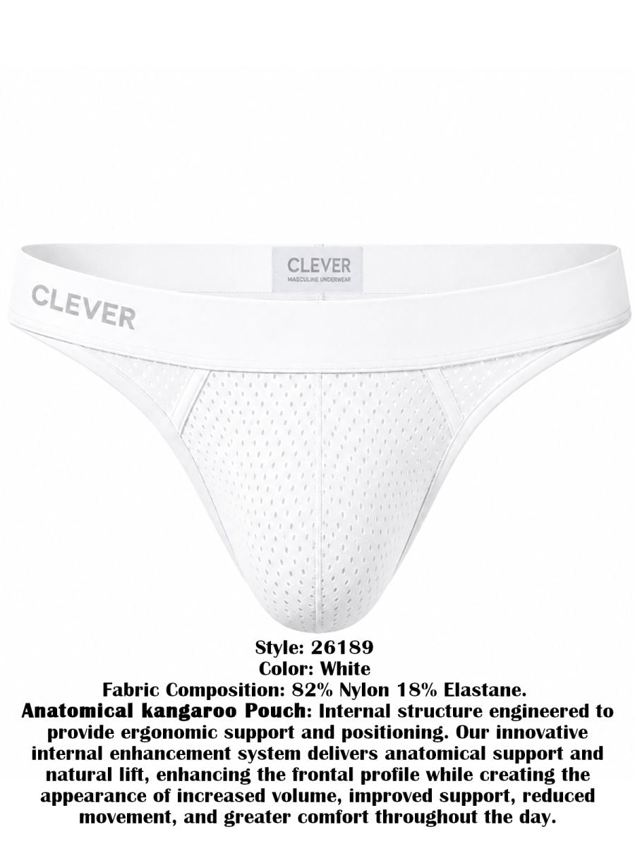 Clever Moda white Ulises thong with mesh pouch and wide branded elastic waistband.