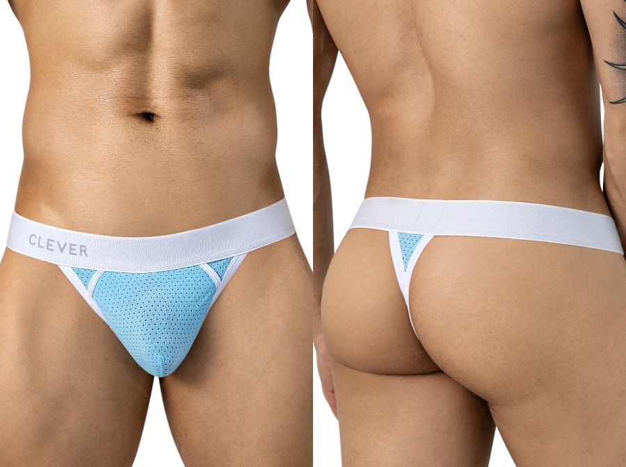 Clever Moda light blue mesh ergonomic thong with a white branded waistband and contrast white trim.