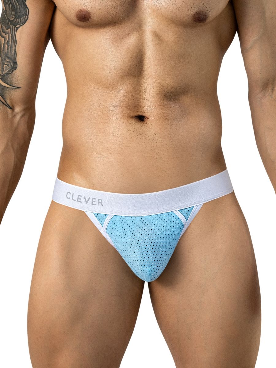 Clever Moda light blue ergonomic thong with breathable mesh pouch and white logo waistband.