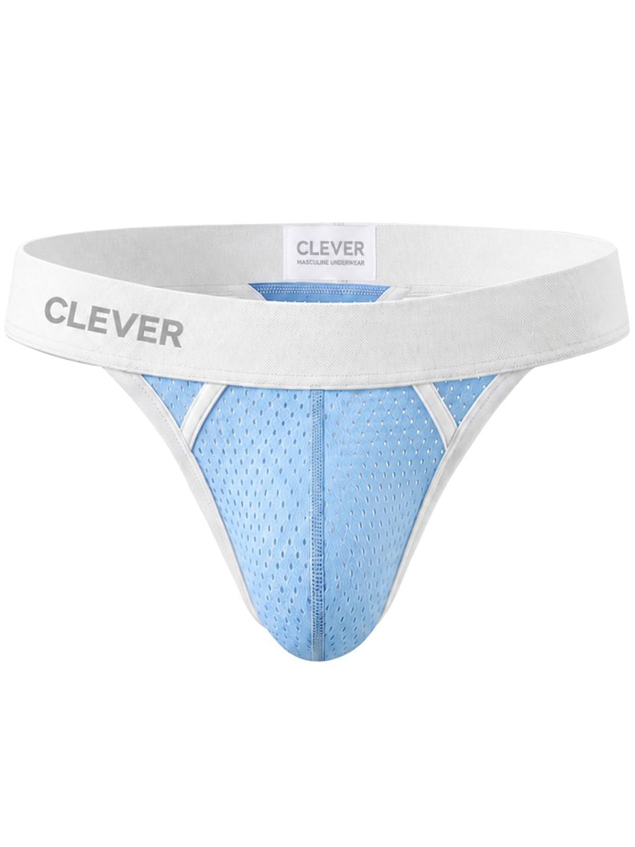Light blue men's ergonomic thong with breathable mesh fabric, white contrast piping, and a branded white waistband.