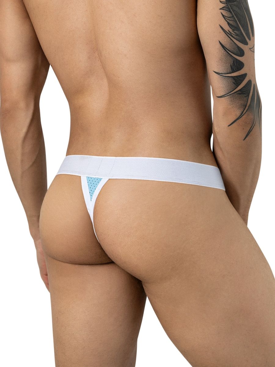 Clever Moda ergonomic thong in light blue with wide white waistband and mesh back accent, viewed from behind.