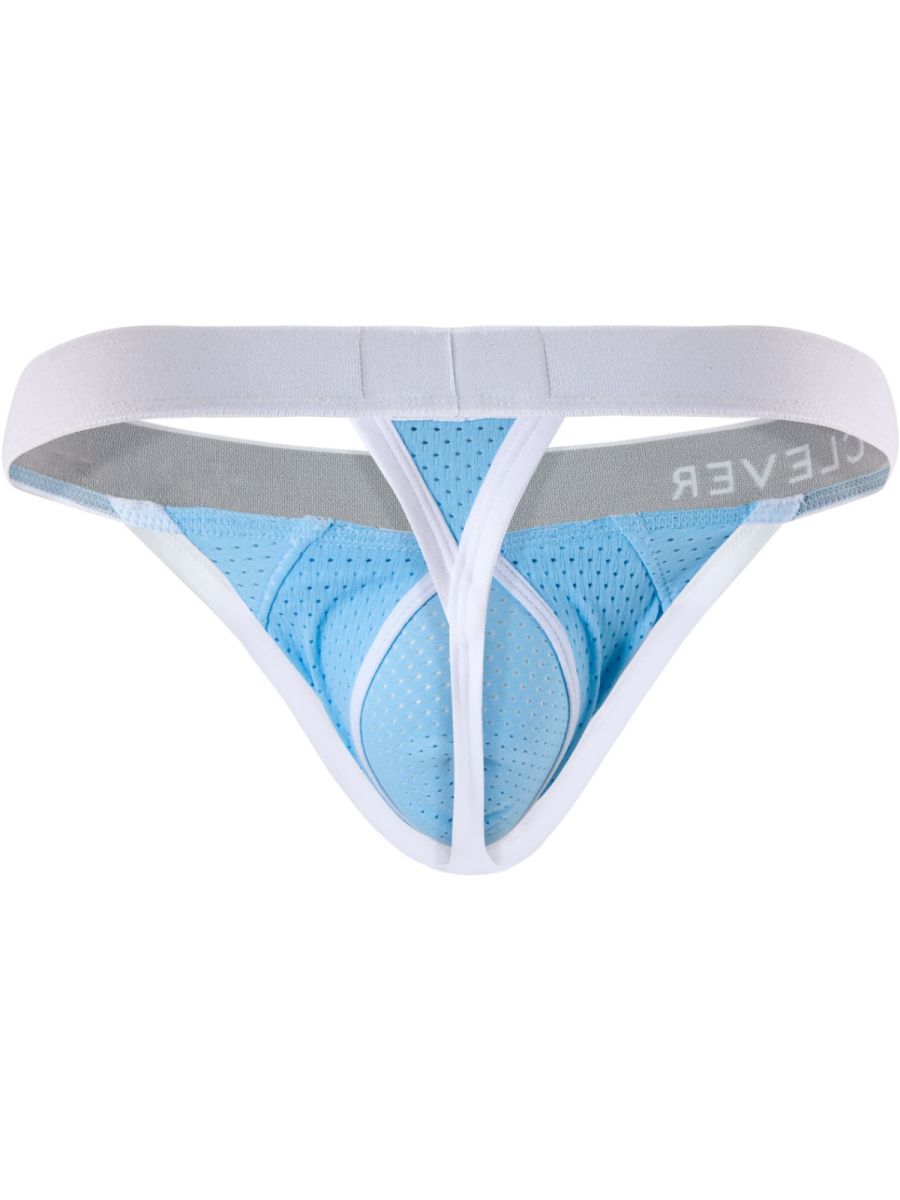 Clever Moda light blue ergonomic thong with breathable mesh fabric, white trim, and a branded waistband.