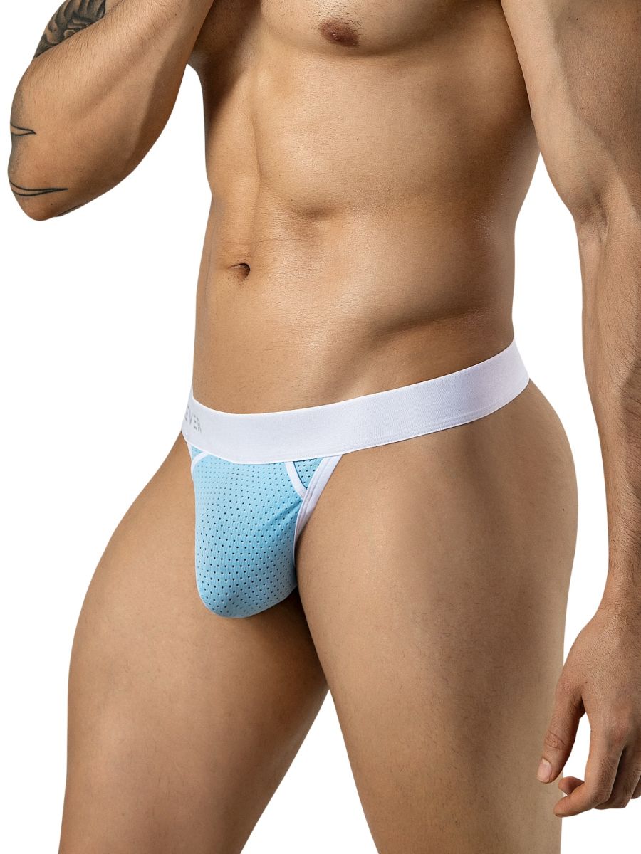 Clever Moda light blue ergonomic mesh thong with a white contrast waistband and contoured front pouch.