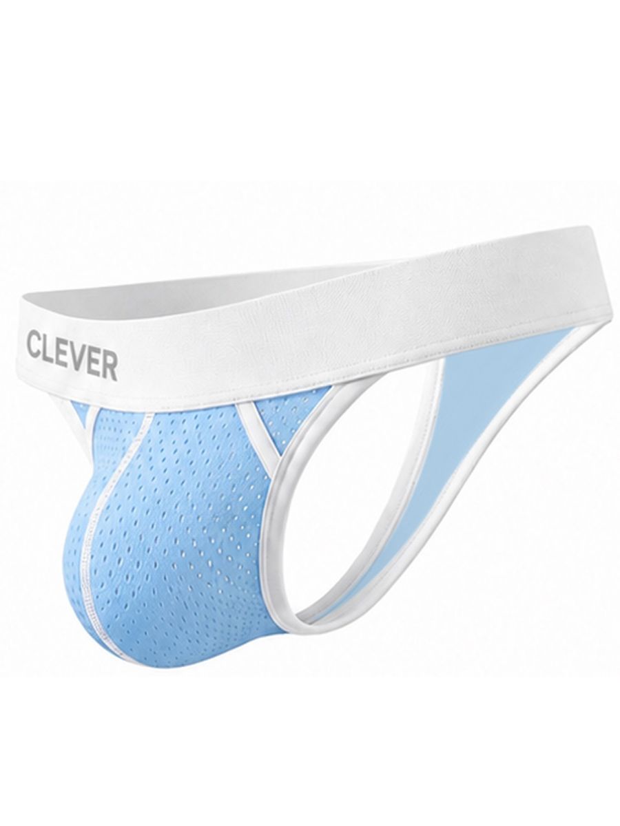 Light blue mesh men's thong with white ergonomic pouch trim and wide waistband featuring the Clever logo.