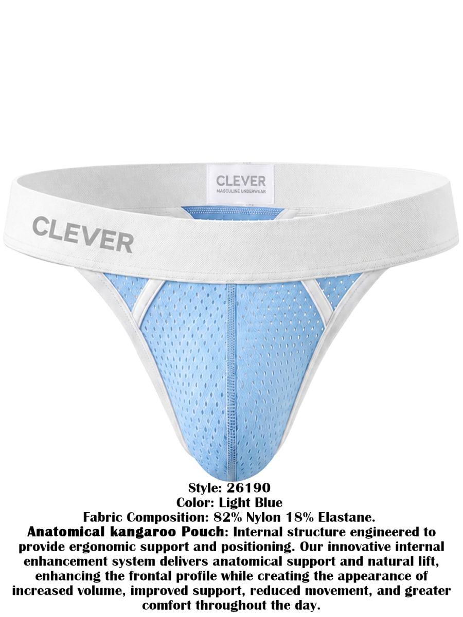 Light blue ergonomic thong with breathable mesh, supportive pouch, and thick white logo waistband.