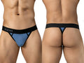 Clever Moda steel blue mesh thong with black trim and a branded black waistband, shown front and back.