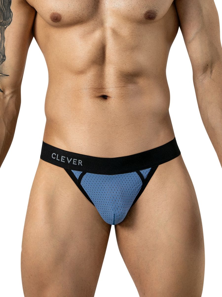 Clever Moda steel blue mesh thong with a black contrast waistband and piping featuring the brand logo.
