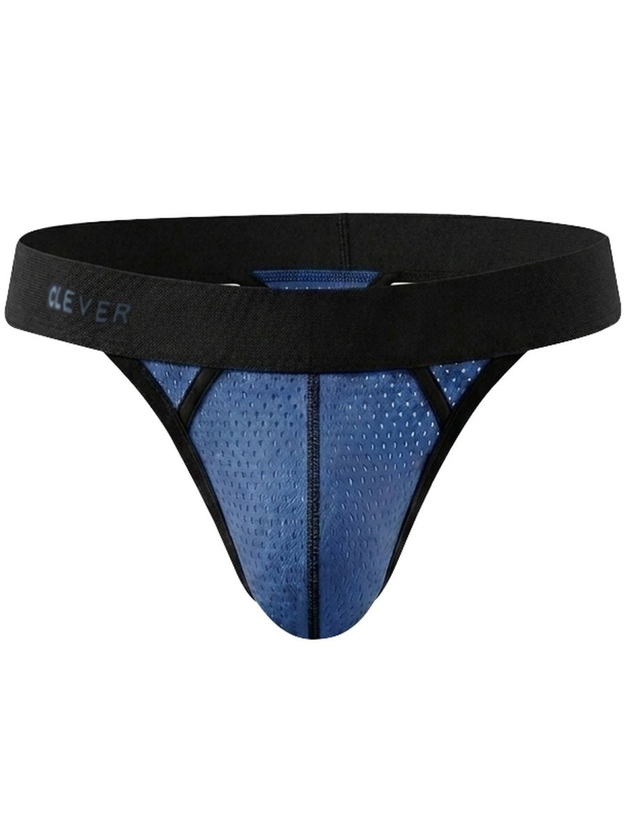 Clever Moda steel blue thong with black trim, perforated mesh fabric, and wide branded waistband.