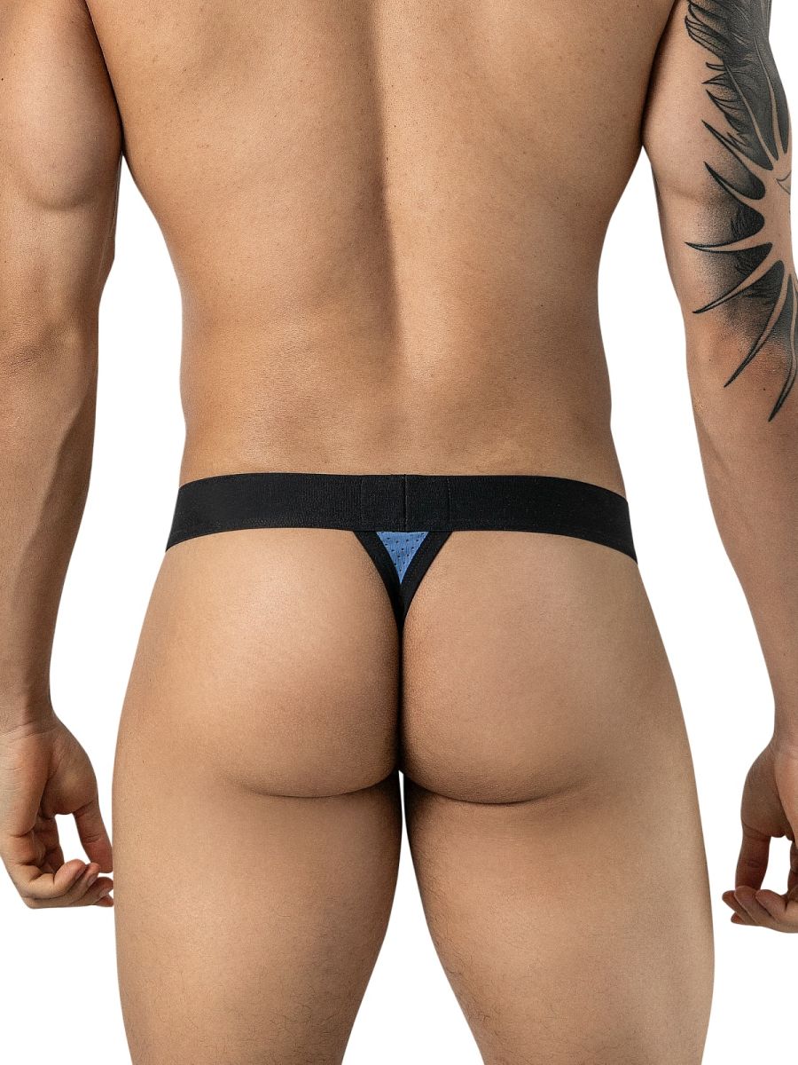 Clever Moda steel blue men's thong featuring a black waistband and perforated back triangle detail.