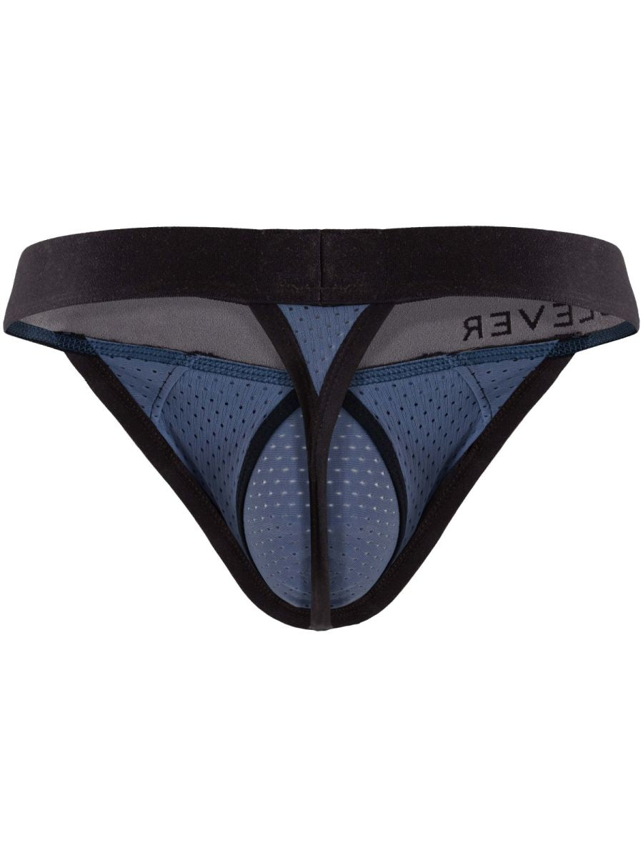 Clever Moda steel blue men's sleek thong with perforated mesh fabric and black elastic waistband.