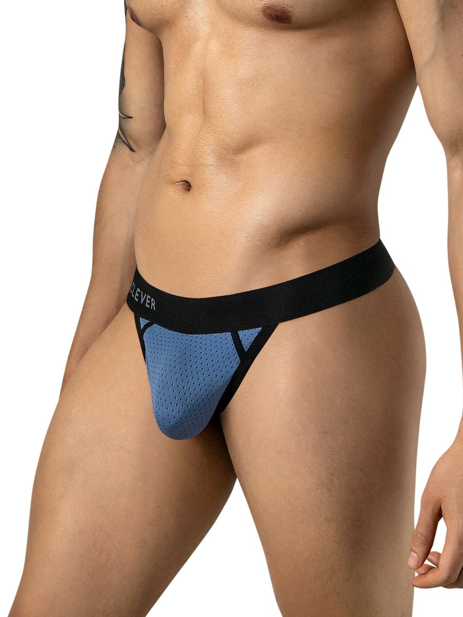 Clever Moda steel blue men's thong with mesh pouch and black trim waistband.