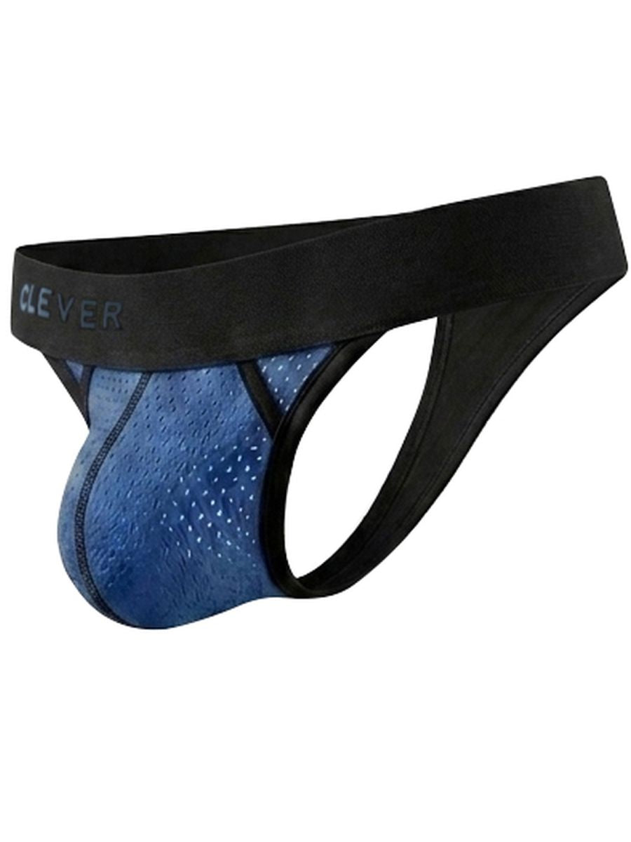 Clever Moda Ulises steel blue men's thong with perforated front pouch and black branded waistband.